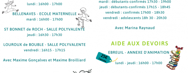 Malgré la situation particulière que nous vivons… les activités reprennent dès cette rentrée. Reprise des ateliers « multisports »… attention… nouveauté cette année… Retrouvez le multisports à Ebreuil, Louroux-de-Bouble mais également Bellenaves […]